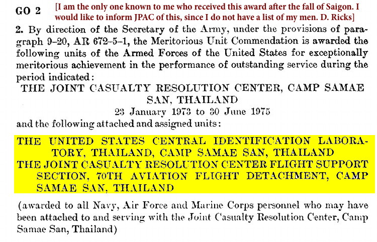 Meritorious Unit Commendation, JCRC Flight Support Section, 70th Aviation Detachment, Thailand