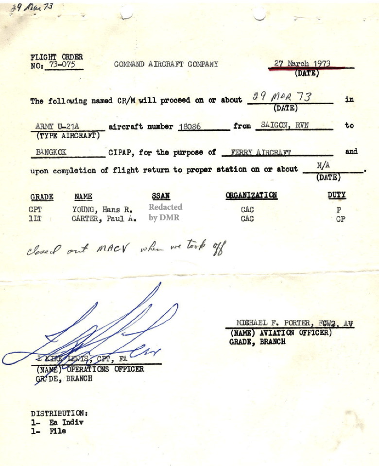 iLT Paul A. Carter, CAC 1973, flight orders for 29 March 1973