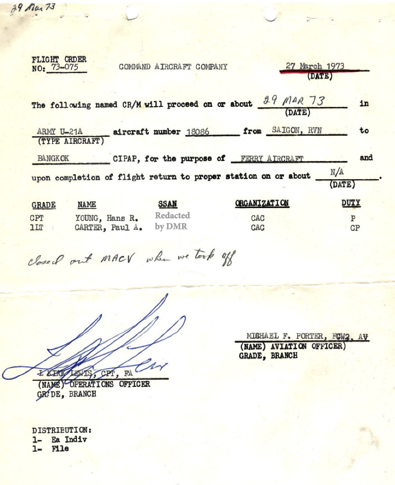 iLT Paul A. Carter, CAC 1973, flight orders for 29 March 1973 iLT Paul A. Carter, CAC 1973, flight orders for 29 March 1973