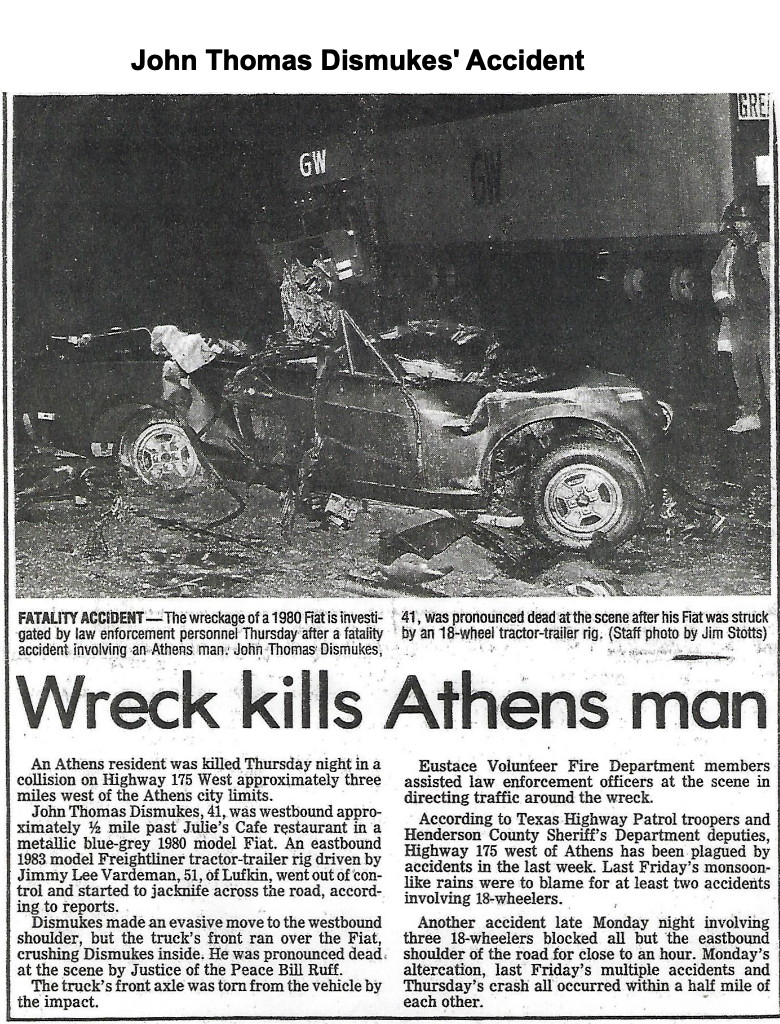 Auto accident article, Tom Dismukes, 1985 Auto accident article, Tom Dismukes, 1985