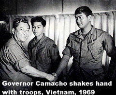 Governor Carlos Camacho greets servicemen from Guam during a reception in his honor in Vietnam during which time he delivered letters and packages from parents back home during the Vietnam War. Copyright, All rights reserved by Guampedia.com Governor Carlos Camacho greets servicemen from Guam during a reception in his honor in Vietnam during which time he delivered letters and packages from parents back home during the Vietnam War. Copyright, All rights reserved by Guampedia.com