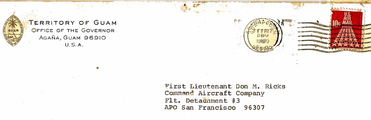 envelop, Letter of Appreciation, Governor C. Camacho, Guam, 1970 envelop, Letter of Appreciation, Governor C. Camacho, Guam, 1970