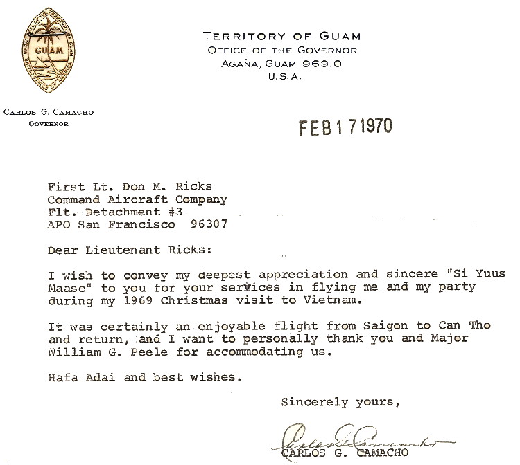 Letter of Appreciation, Governor C. Camacho, Guam, 1970 Letter of Appreciation, Governor C. Camacho, Guam, 1970