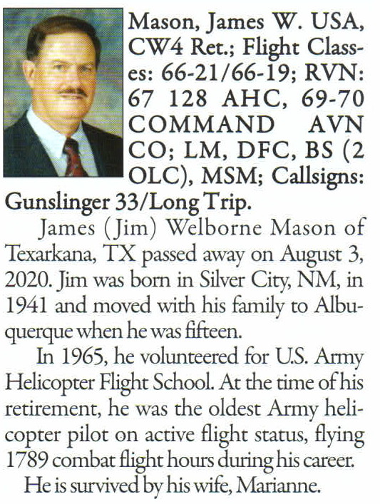 Obituary: CW4 (Ret) James W. Mason, 2020 Obituary: CW4 (Ret) James W. Mason, 2020