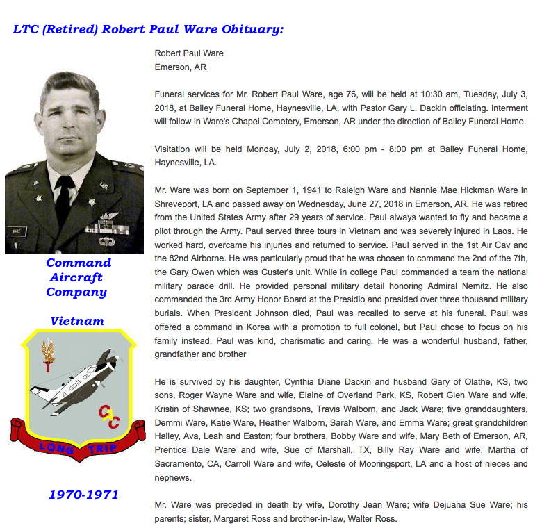 Obituary: LTC (ret.) Robert Paul Ware, 2018 Obituary: LTC (ret.) Robert Paul Ware, 2018